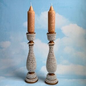 HANDMADE UPCYCLED Candlesticks (2) Beaded Pearls & ROOT NWOT Taupe Candles (2)